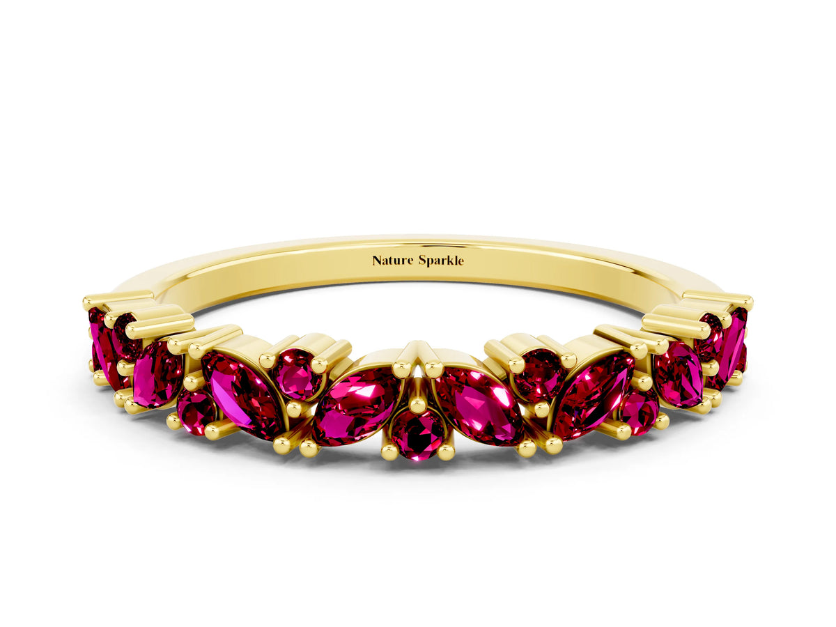 Marquise and Round Garnet Vine Eternity Band in Yellow gold with Prong Setting