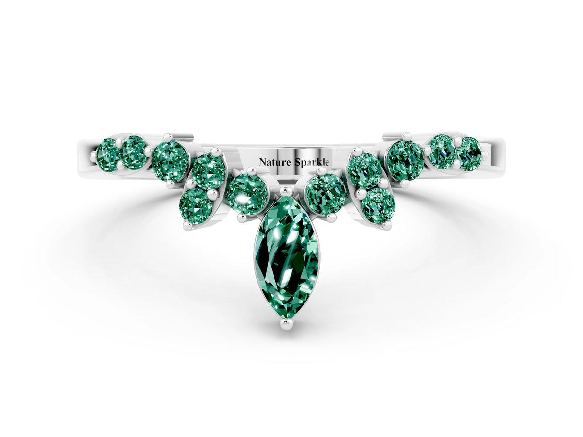 Marquise and Round Green Sapphire Chevron Band in Silver with Prong Setting