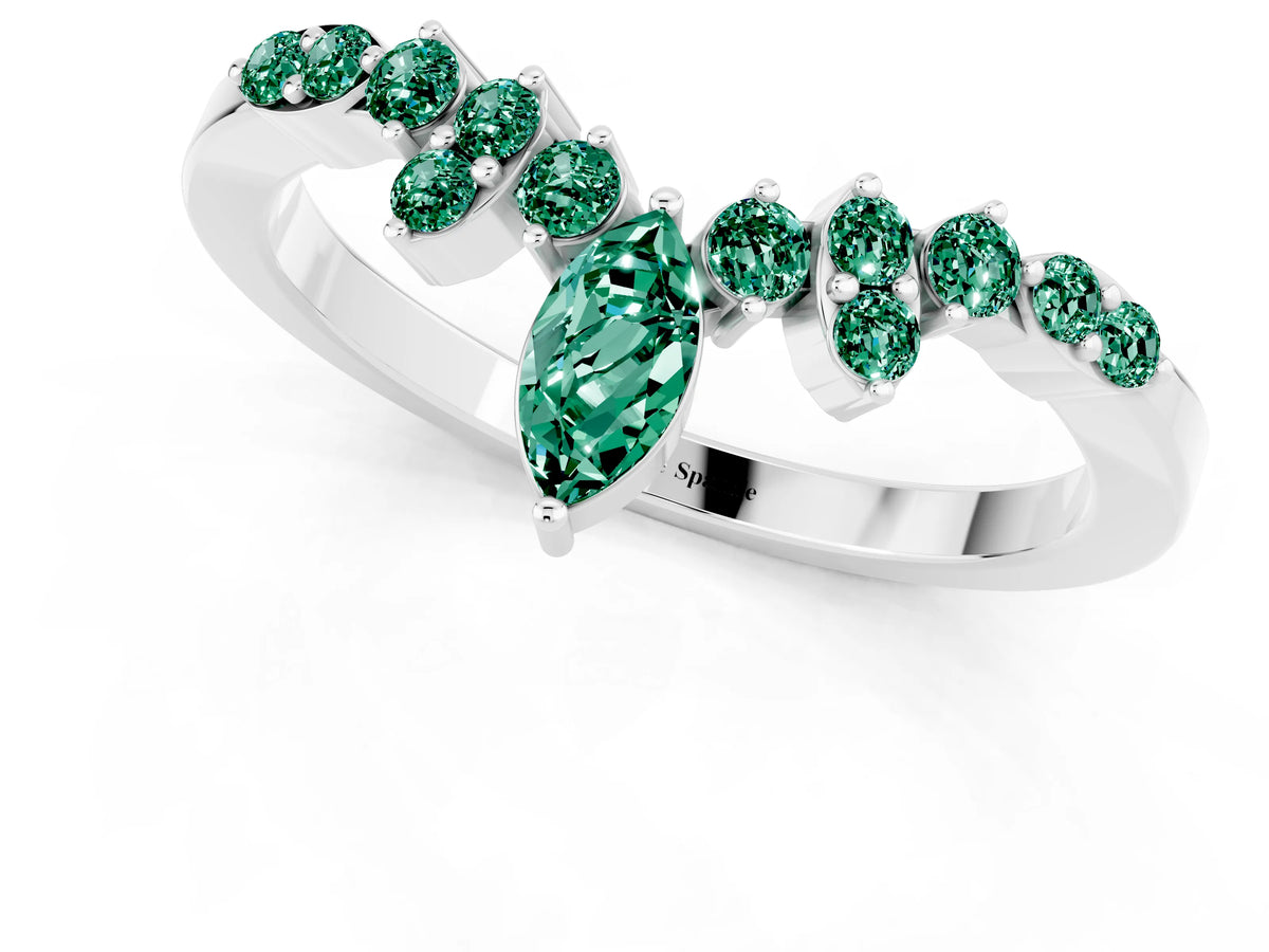 Marquise and Round Green Sapphire Chevron Band in White gold with Prong Setting_1