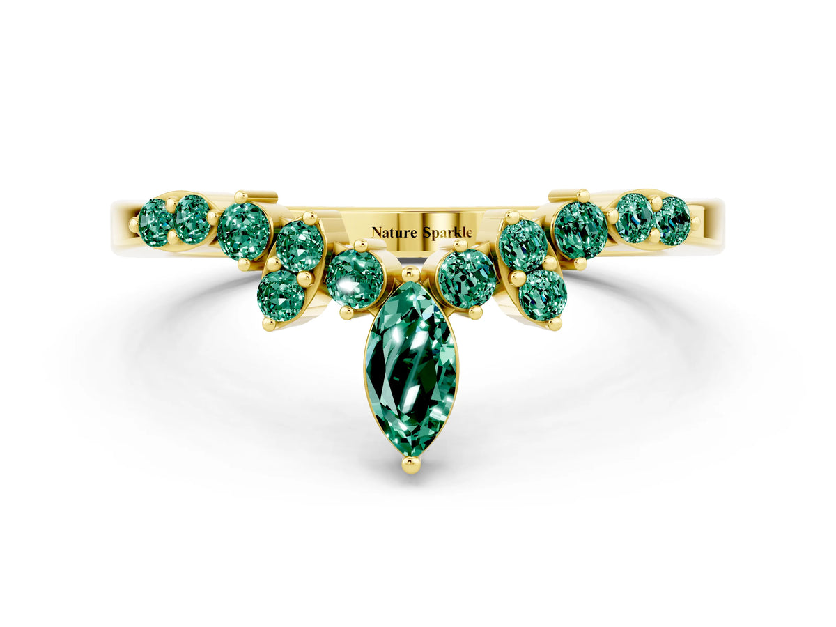 Marquise and Round Green Sapphire Chevron Band in Yellow gold with Prong Setting