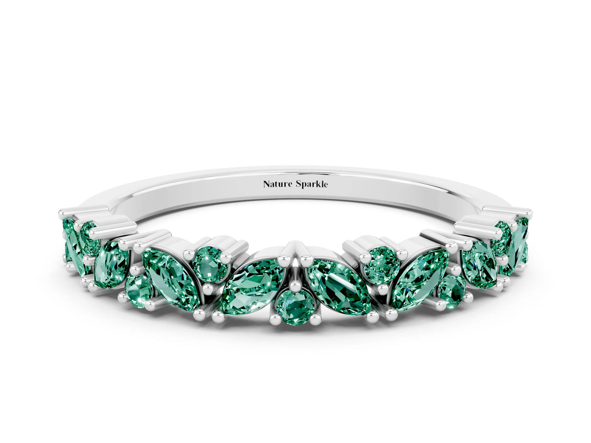 Marquise and Round Green Sapphire Vine Eternity Band in White gold with Prong Setting