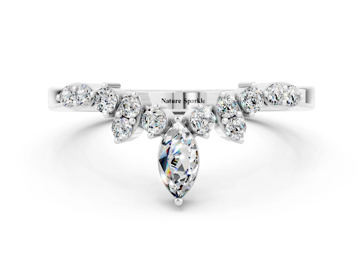 Marquise and Round Moissanite Chevron Band in Silver with Prong Setting