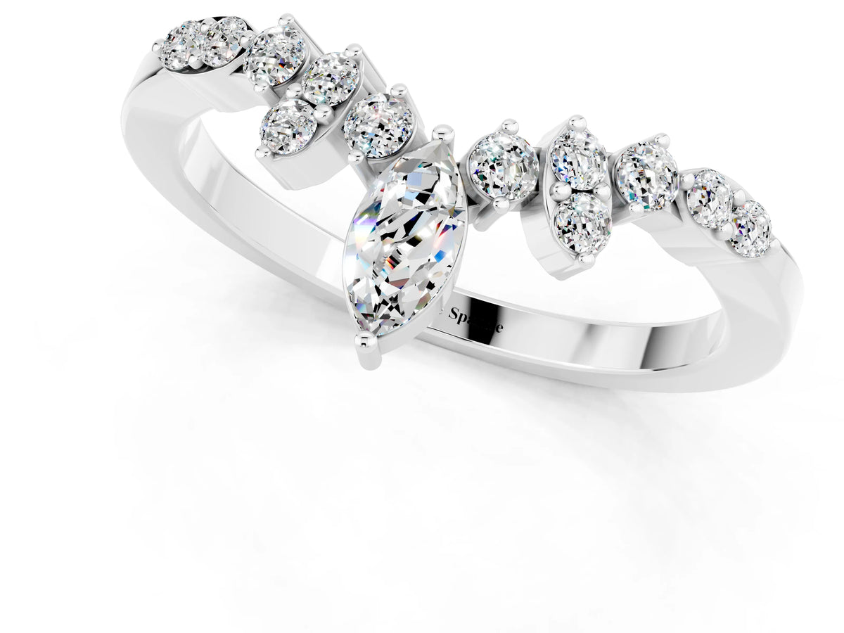 Marquise and Round Moissanite Chevron Band in Silver with Prong Setting_1