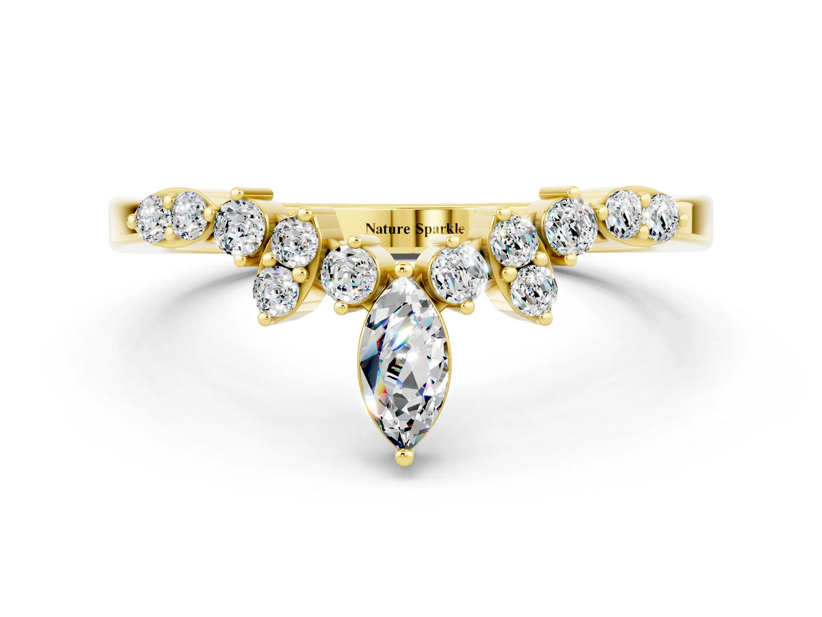 Marquise and Round Moissanite Chevron Band in Yellow gold with Prong Setting