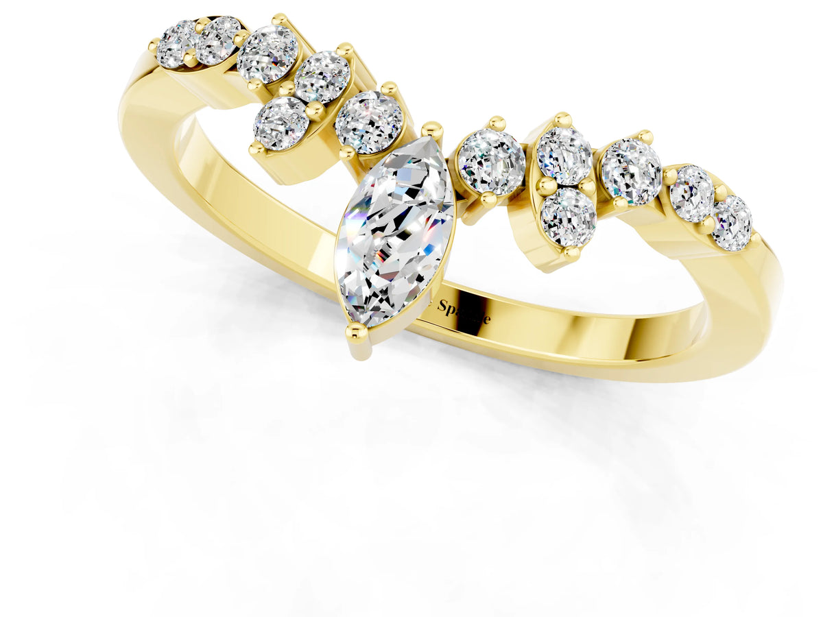 Marquise and Round Moissanite Chevron Band in Yellow gold with Prong Setting_1