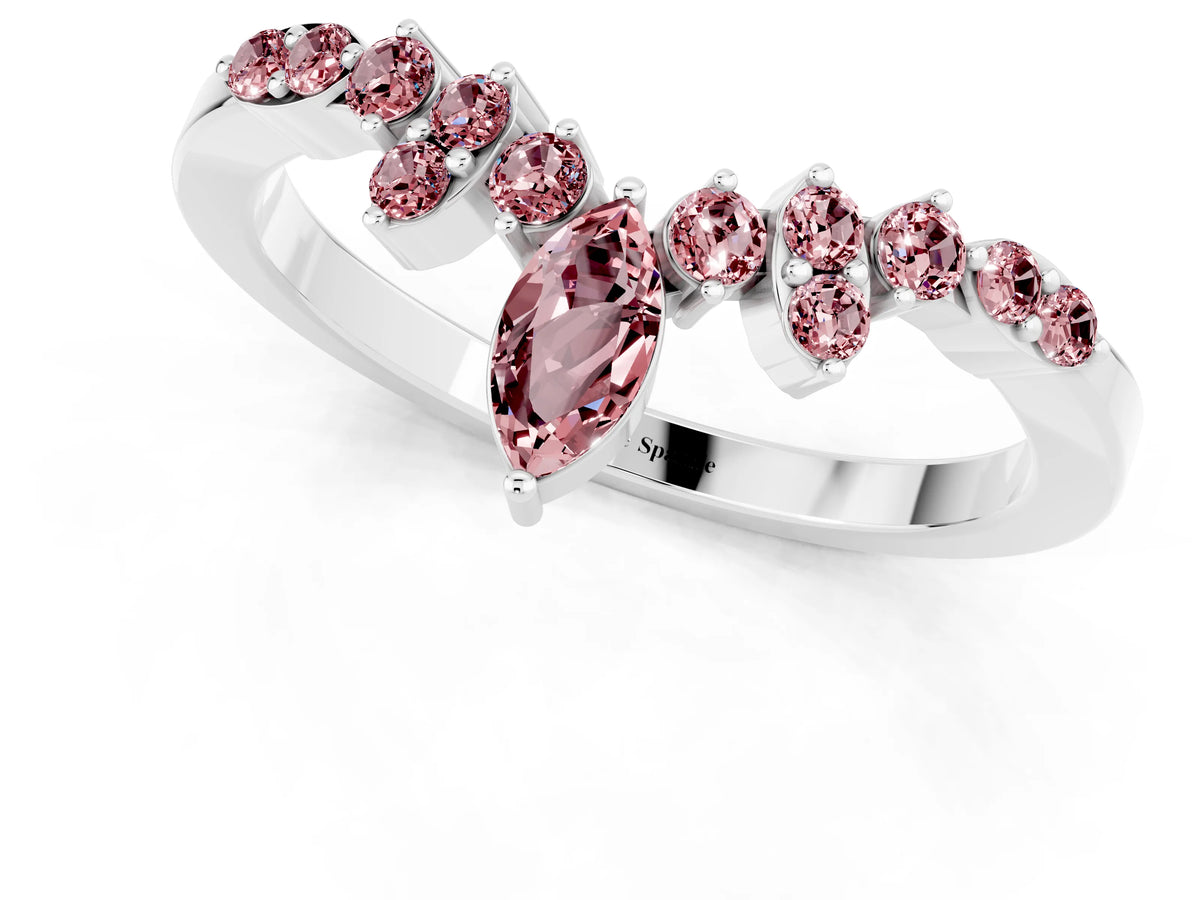 Marquise and Round Morganite Chevron Band in Platinum with Prong Setting_1