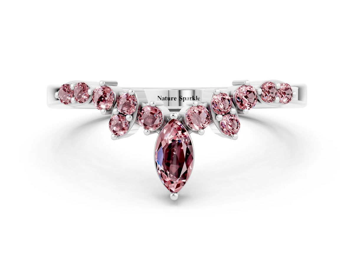 Marquise and Round Morganite Chevron Band in Silver with Prong Setting