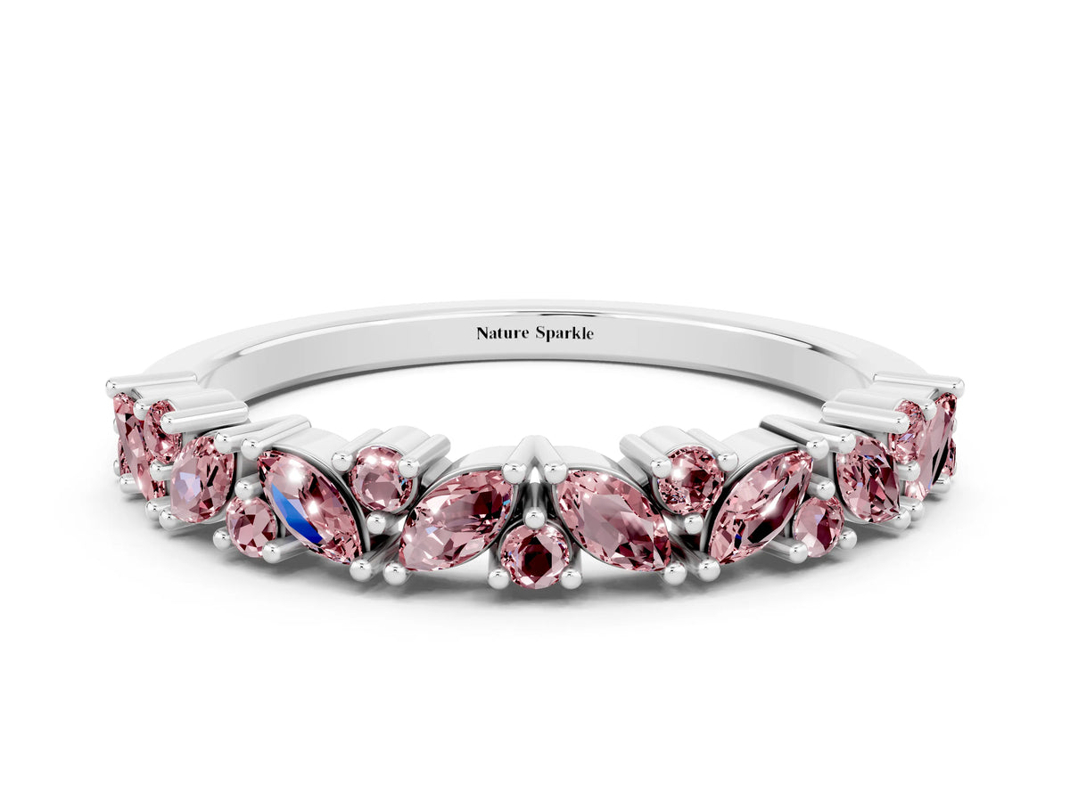 Marquise and Round Morganite Vine Eternity Band in White gold with Prong Setting