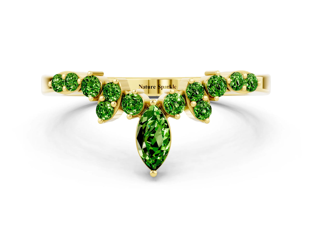 Marquise and Round Peridot Chevron Band in Yellow gold with Prong Setting