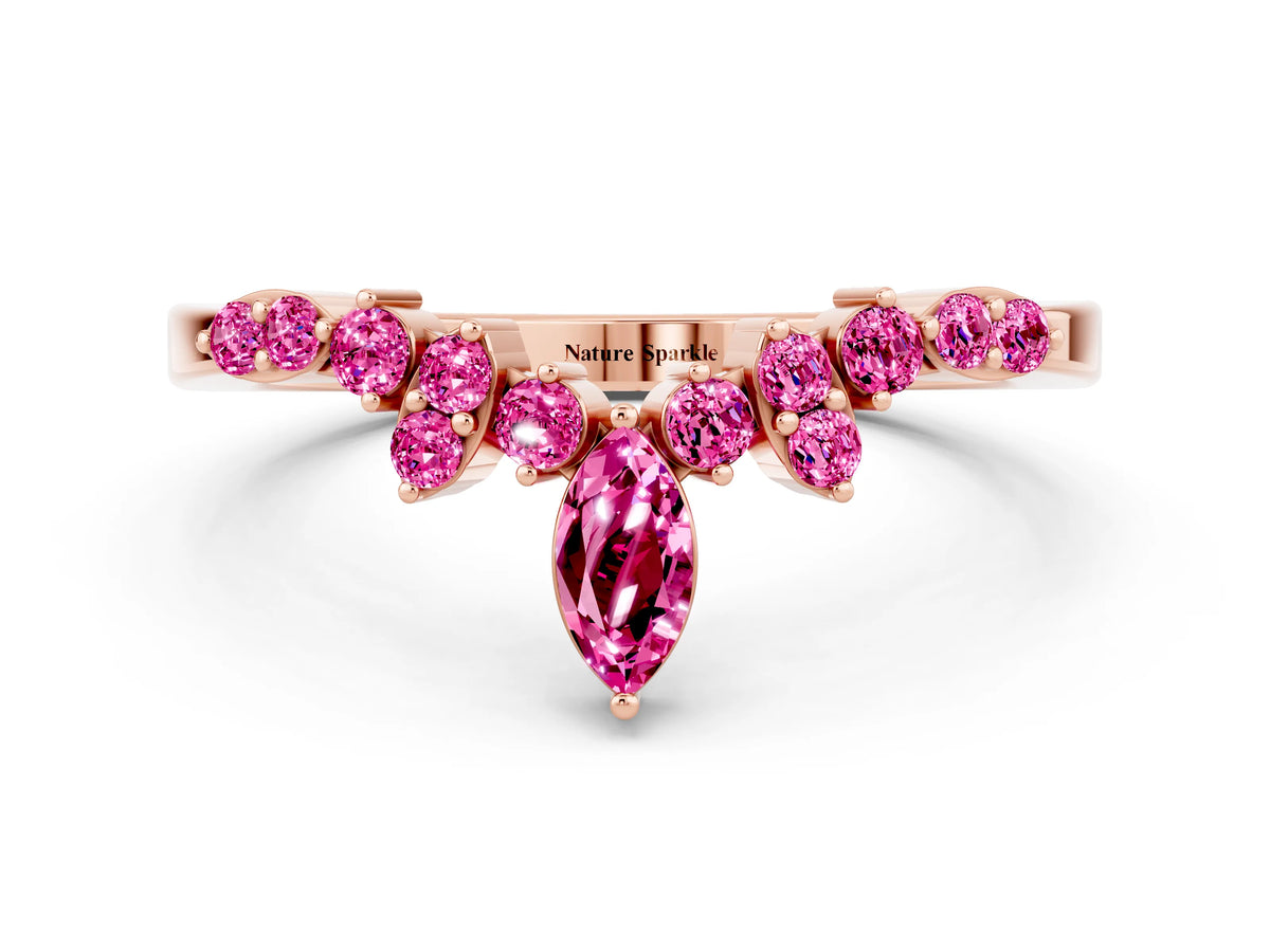 Marquise and Round Pink Sapphire Chevron Band in Rose gold with Prong Setting