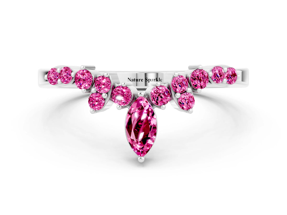 Marquise and Round Pink Sapphire Chevron Band in Silver with Prong Setting