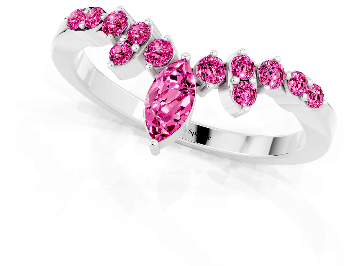 Marquise and Round Pink Sapphire Chevron Band in White gold with Prong Setting_1