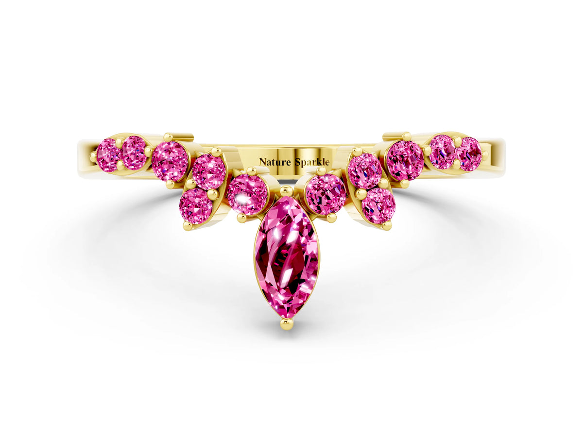 Marquise and Round Pink Sapphire Chevron Band in Yellow gold with Prong Setting