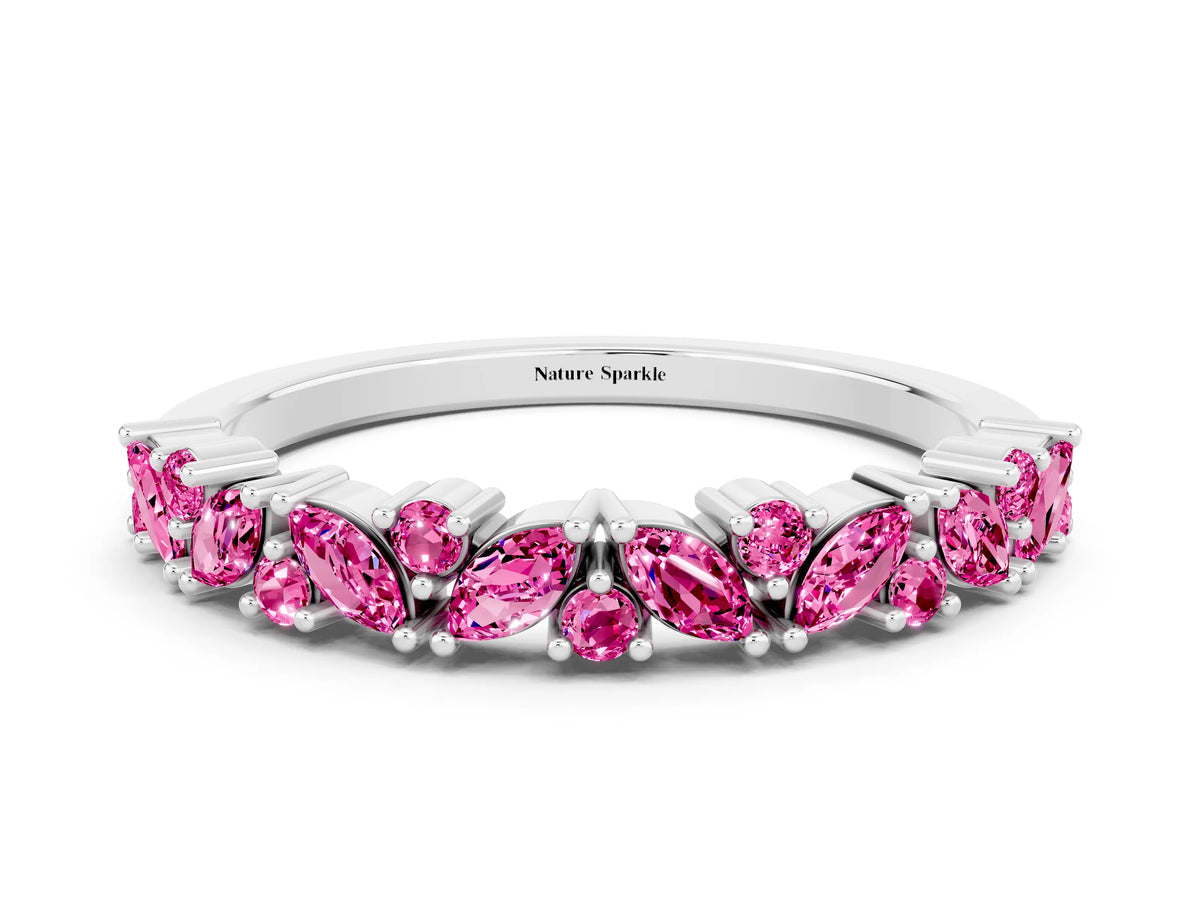 Marquise and Round Pink Sapphire Vine Eternity Band in Silver with Prong Setting