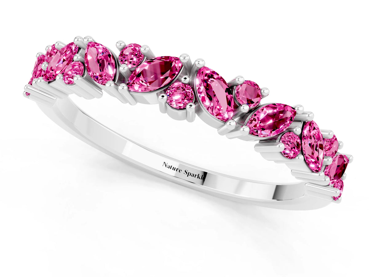 Marquise and Round Pink Sapphire Vine Eternity Band in Silver with Prong Setting_1