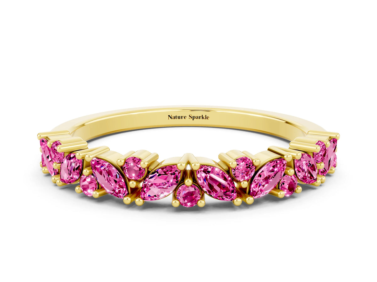 Marquise and Round Pink Sapphire Vine Eternity Band in Yellow gold with Prong Setting