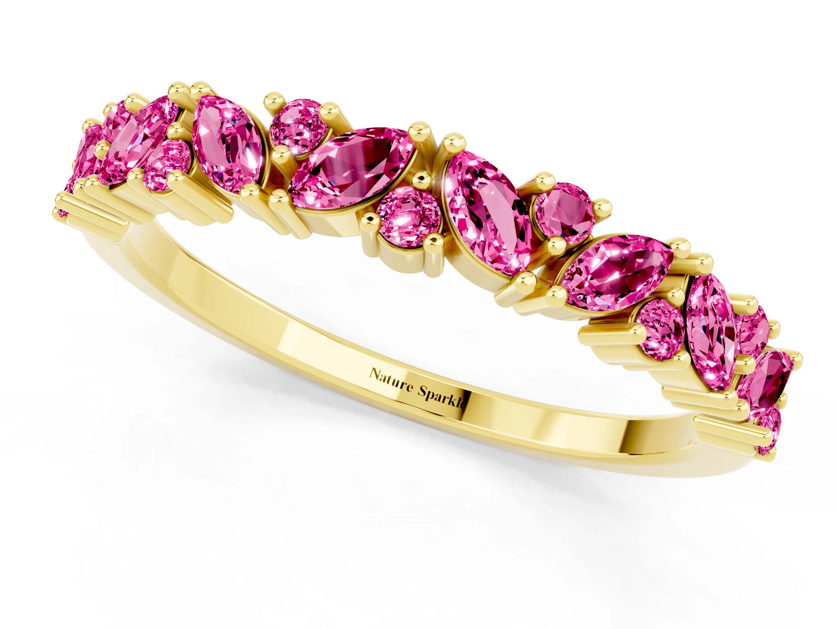 Marquise and Round Pink Sapphire Vine Eternity Band in Yellow gold with Prong Setting_1