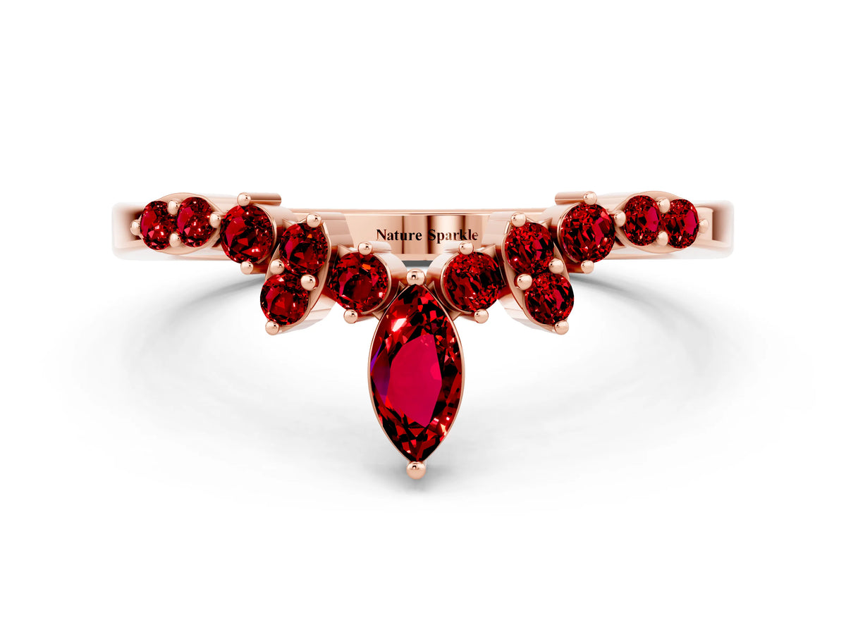 Marquise and Round Ruby Chevron Band in Rose gold with Prong Setting