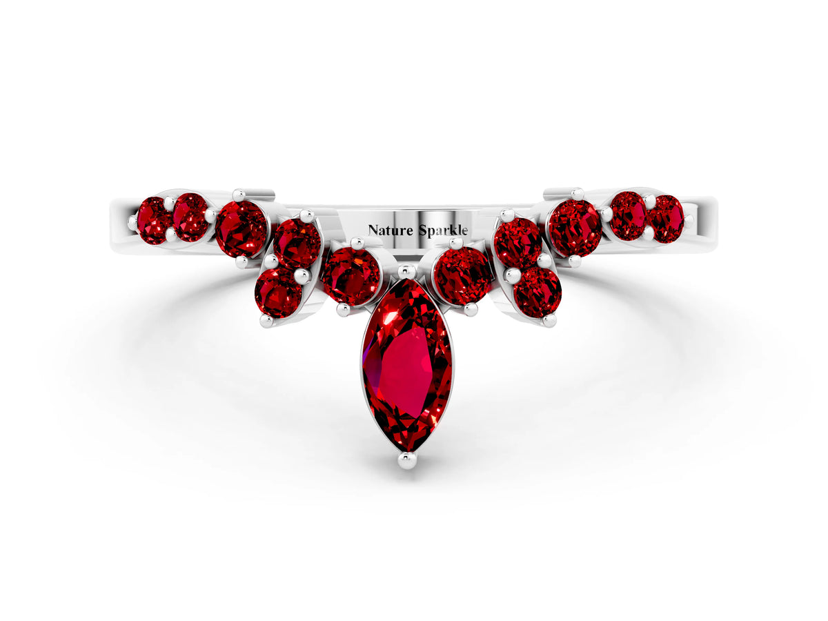 Marquise and Round Ruby Chevron Band in White gold with Prong Setting
