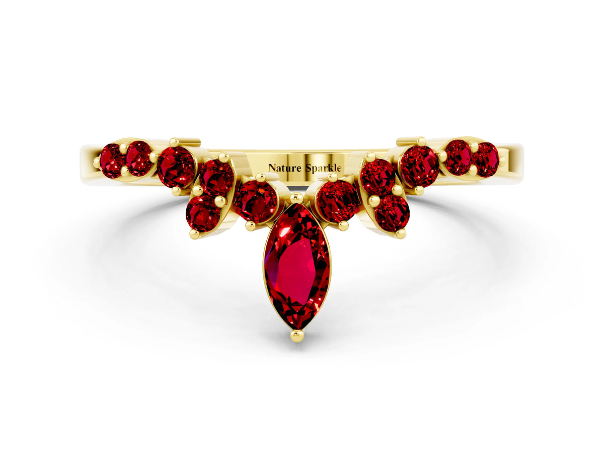 Marquise and Round Ruby Chevron Band in Yellow gold with Prong Setting