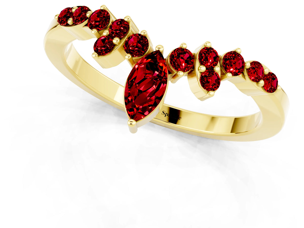 Marquise and Round Ruby Chevron Band in Yellow gold with Prong Setting_1