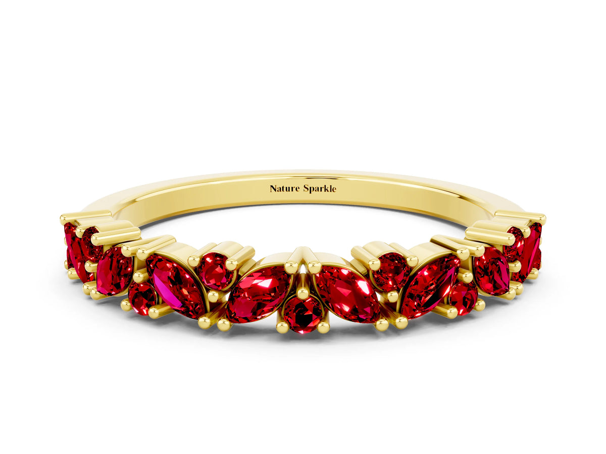 Marquise and Round Ruby Vine Eternity Band in Yellow gold with Prong Setting