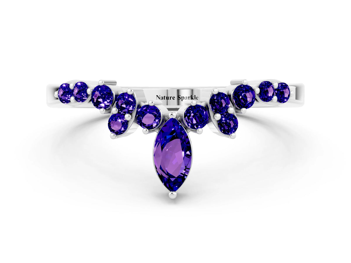 Marquise and Round Tanzanite Chevron Band in Silver with Prong Setting