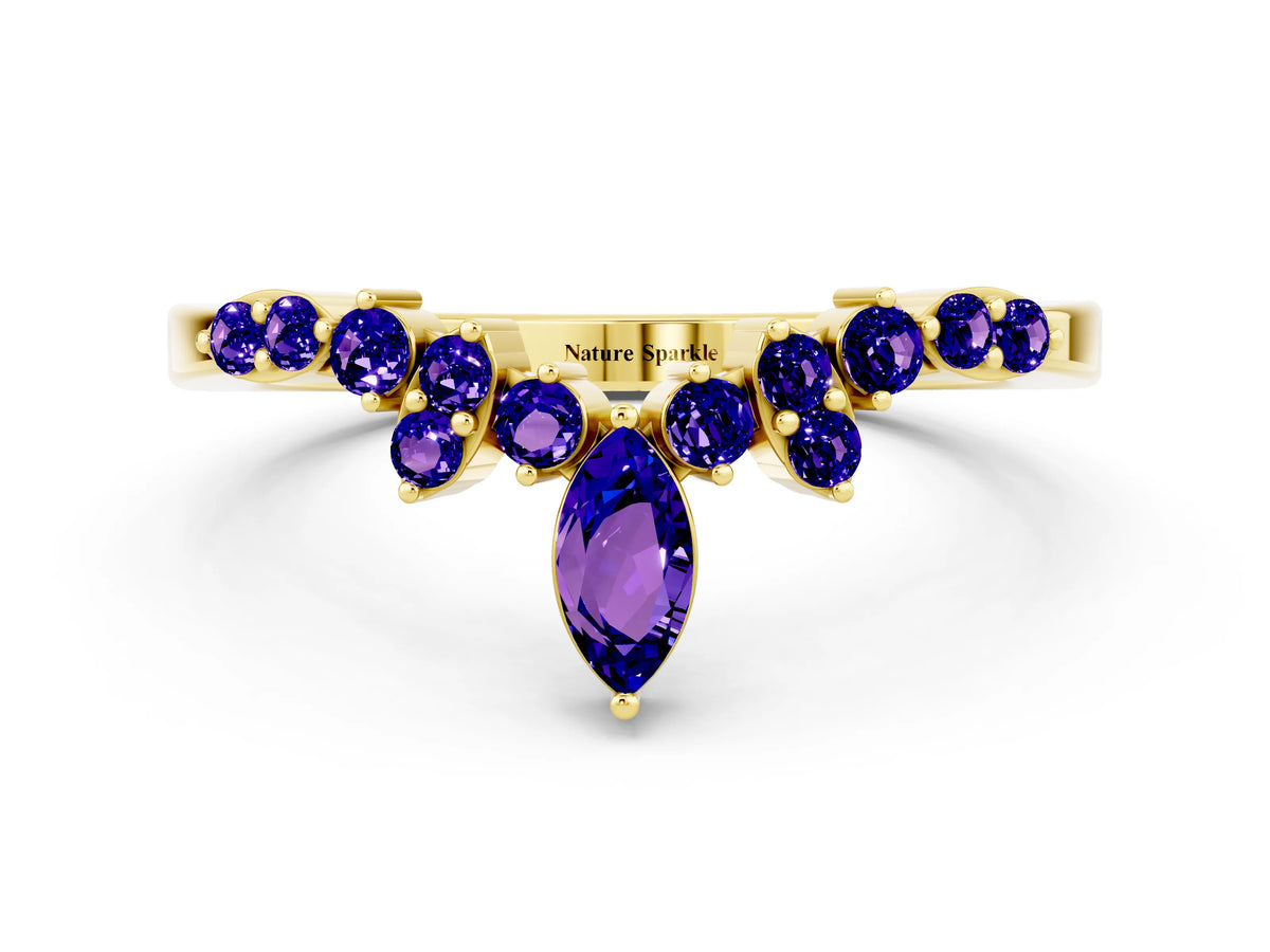 Marquise and Round Tanzanite Chevron Band in Yellow gold with Prong Setting