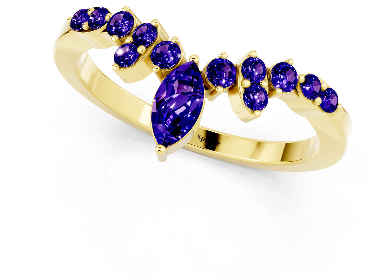 Marquise and Round Tanzanite Chevron Band in Yellow gold with Prong Setting_1
