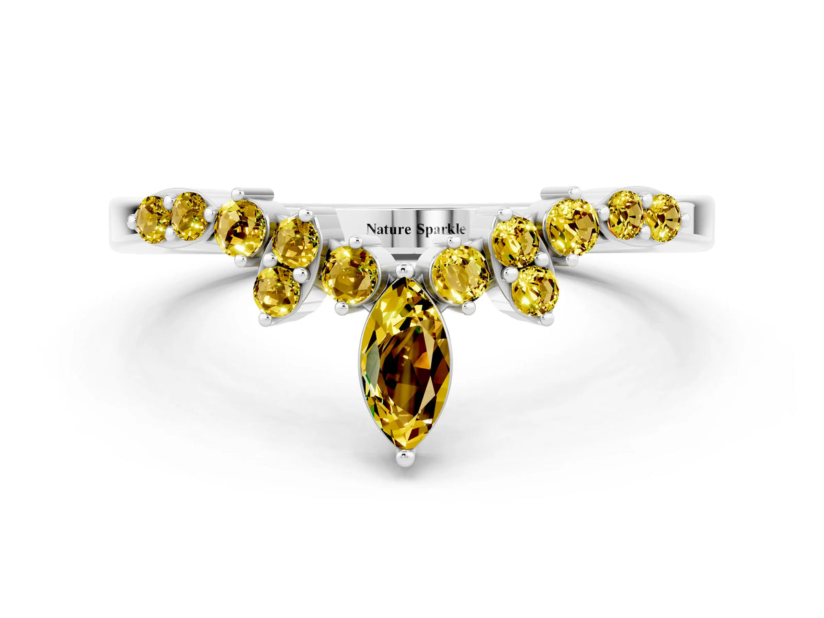 Marquise and Round Yellow Sapphire Chevron Band in Silver with Prong Setting