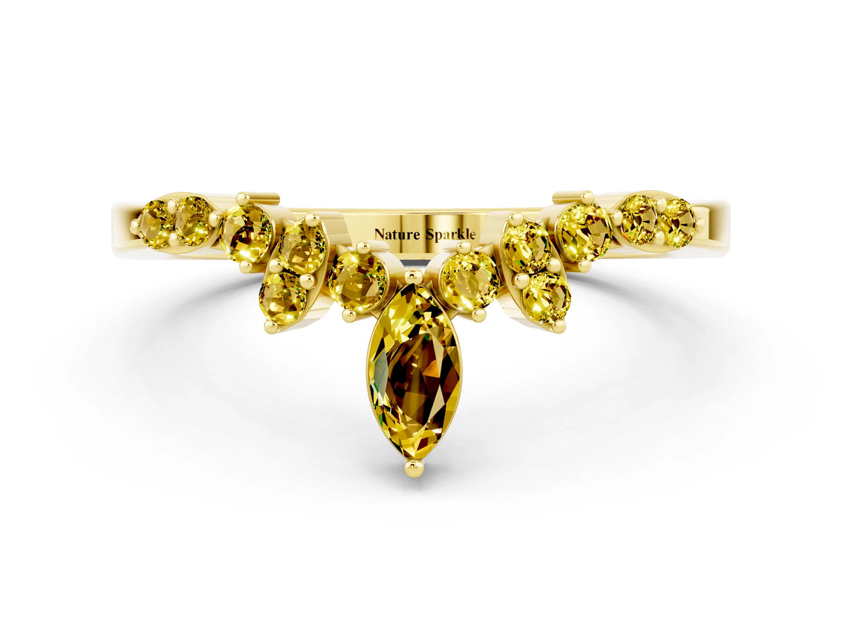 Marquise and Round Yellow Sapphire Chevron Band in Yellow gold with Prong Setting
