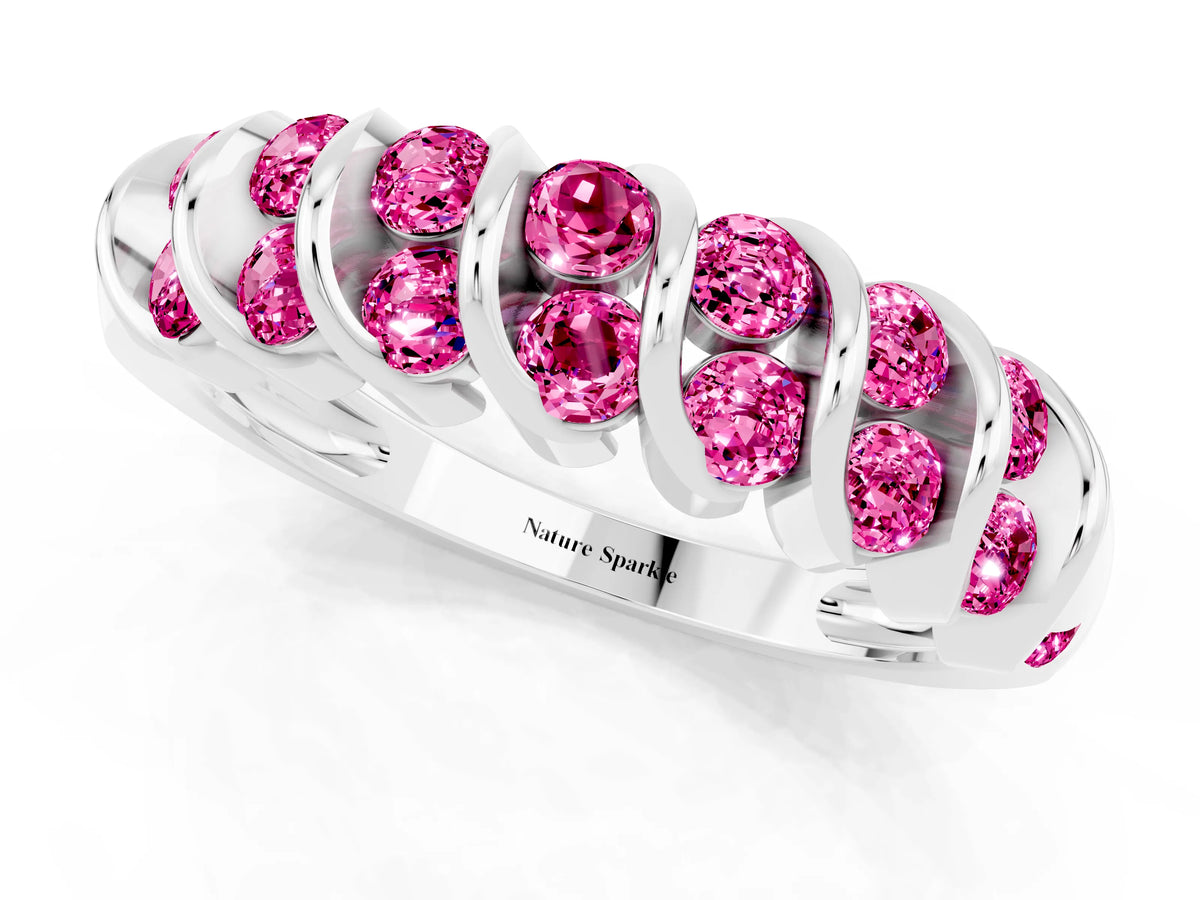 Multi-Row Round Pink Sapphire Band in Silver with Channel Setting_1