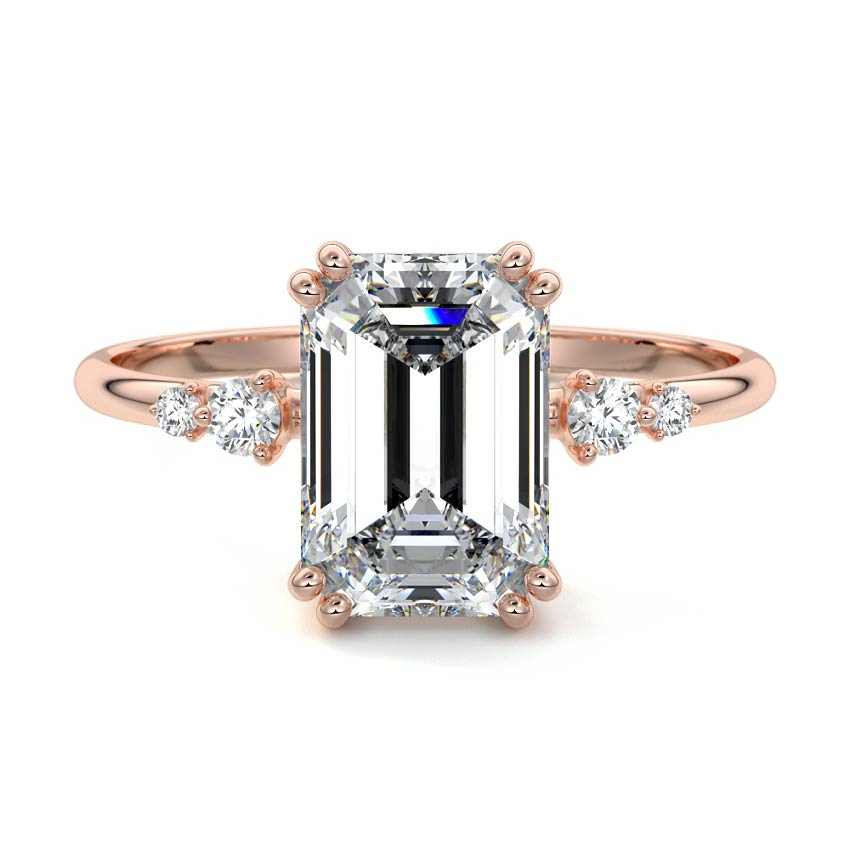 Rose gold Emerald Diamond Side Stone Engagement Ring with Round Accents