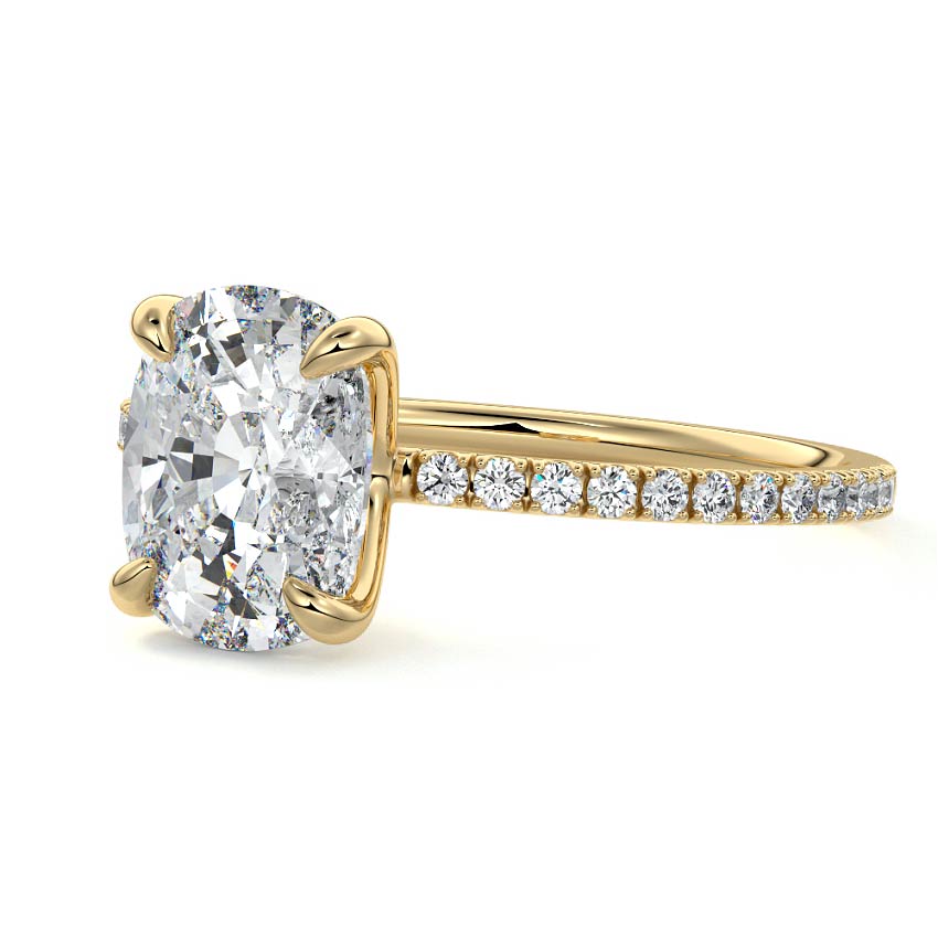 Yellow gold Cushion Diamond Engagement Ring with Double Prongs and Pavé Band