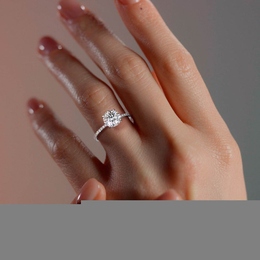 Silver Round Diamond Engagement Ring with Double Prongs and Pavé Band