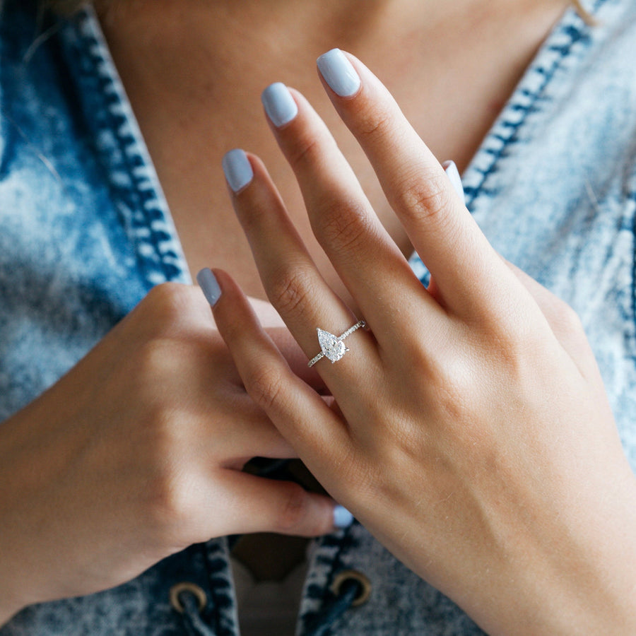 Silver Pear Diamond Engagement Ring with Double Prongs and Pavé Band
