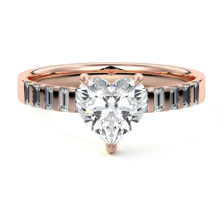 Rose gold Heart Diamond Side Stone Ring with Vertical Baguette Accents in Prong Setting
