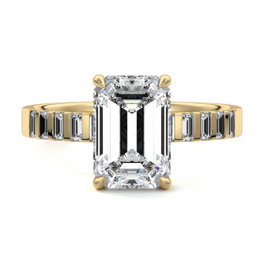 Yellow gold Emerald Diamond Side Stone Ring with Vertical Baguette Accents in Prong Setting