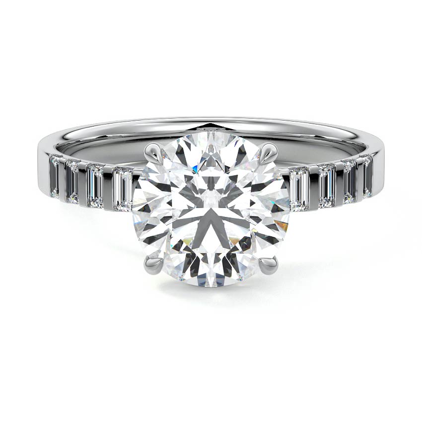 Silver Round Diamond Side Stone Ring with Vertical Baguette Accents in Prong Setting