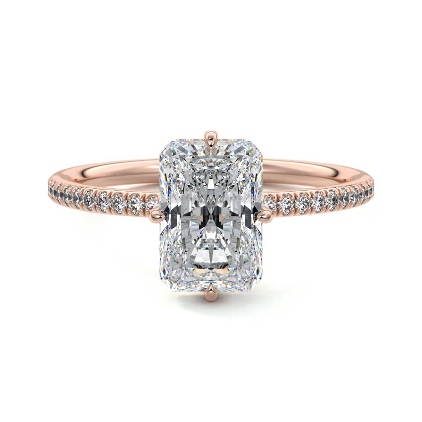 Rose gold Radiant Diamond Engagement Ring with Hidden Halo and Pave Band