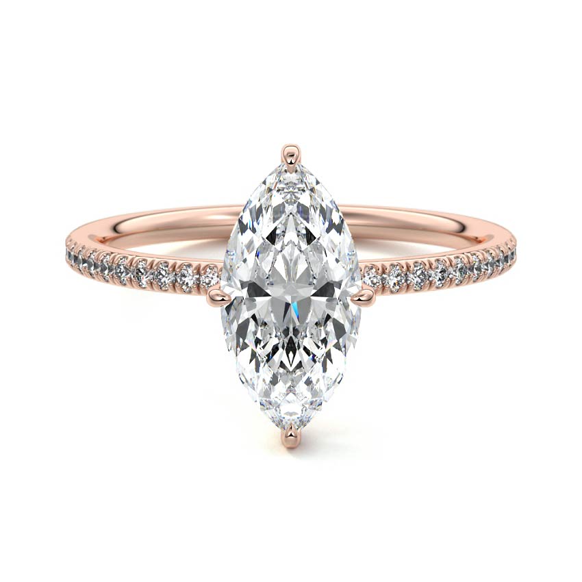 Rose gold Marquise Diamond Engagement Ring with Hidden Halo and Pave Band
