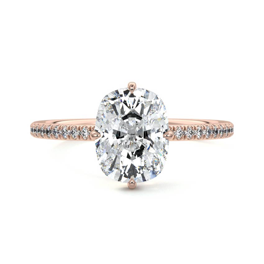 Rose gold Cushion Diamond Engagement Ring with Hidden Halo and Pave Band