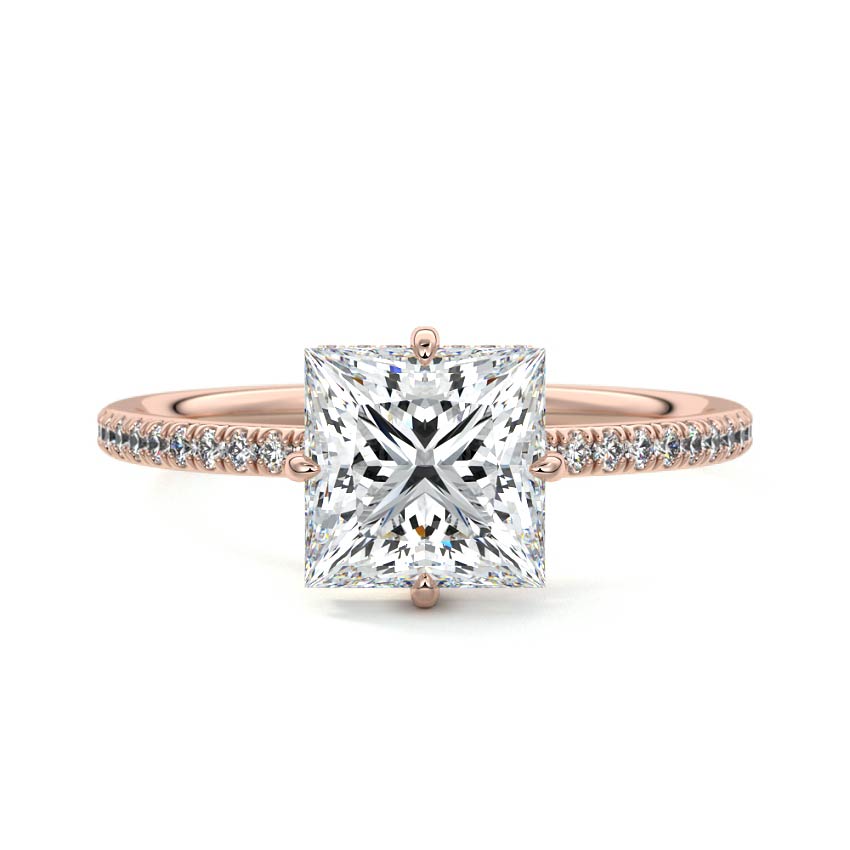 Rose gold Princess Diamond Engagement Ring with Hidden Halo and Pave Band