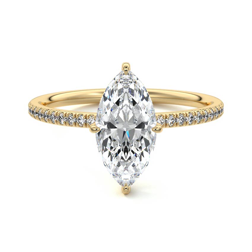 Yellow gold Marquise Diamond Engagement Ring with Hidden Halo and Pave Band