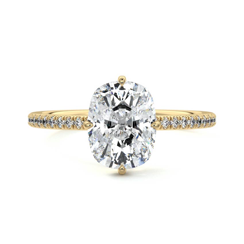 Yellow gold Cushion Diamond Engagement Ring with Hidden Halo and Pave Band