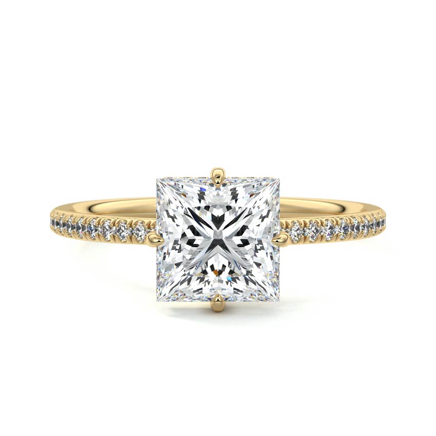 Yellow gold Princess Diamond Engagement Ring with Hidden Halo and Pave Band