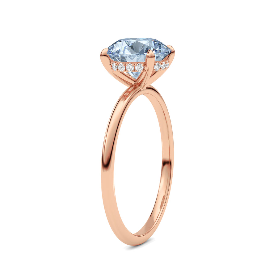 Rose gold Fancy Blue Round Cut Diamond Hidden Halo Solitaire Engagement Ring with Prong Setting