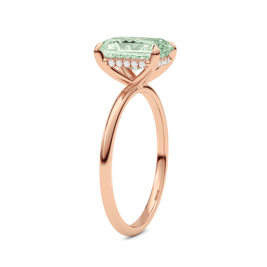Rose gold Fancy Green Radiant Cut Diamond Hidden Halo Solitaire Engagement Ring with Prong Setting