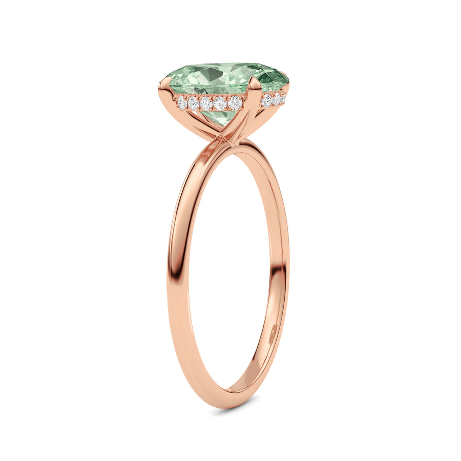 Rose gold Fancy Green Oval Cut Diamond Hidden Halo Solitaire Engagement Ring with Prong Setting