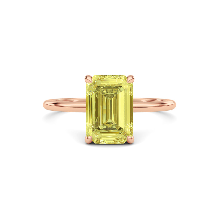 Rose gold Fancy Yellow Emerald Cut Diamond Hidden Halo Solitaire Engagement Ring with Prong Setting